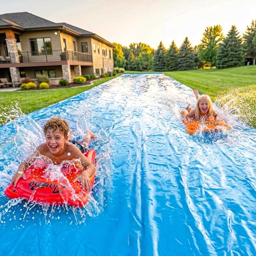 JAMBO 40FT x 7FT XL MEGA Water Slide, 2 Bodyboard Updated Model– Extra Long Extra Wide Slip Splash Slide for Kids, Heavy Duty Backyard Lawn Waterslide, Outdoor Water Toy, Splash Mat Splash Pad - color: 40ft Mega Slide- Blue