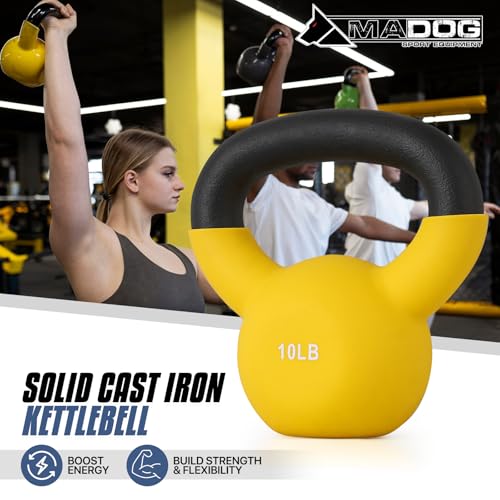 MADOG 10/15/20 LB Kettlebells Neoprene Coated, Solid Cast Iron Kettlebell, Strength Training Kettlebells, Hand Weights for Full Body Workout, Grip and Strength Training for Home Gym, Yellow