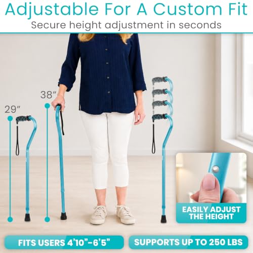 Vive Walking Cane for Women, Men, Elderly - Patented Offset Grip - Lightweight Adjustable Walking Aid with a Non-Slip Tip - Sturdy Balancing Mobility Aid for Seniors - color: Teal