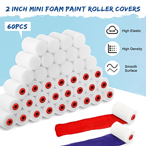 60 Pcs 2 Inch Foam Mini Paint Roller Covers Small High Density Sponge Paint Roller Refills for Painting House Wall Cabinet Household Tool Textured Smooth Corner