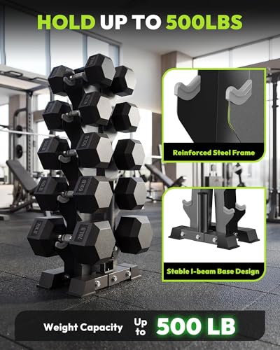 HANDBODE Rubber Coated Hex Dumbbell Set with A-Frame Rack, 100 lb - 600 lb Multiple Options Weight, Hexagon Non-Rolling Shape, Ergonomic Knurled Handle, Home Gym Equipment for Strength Training - style: 400 lb (20, 30, 40, 50, 60 lb) X 2 & Rack