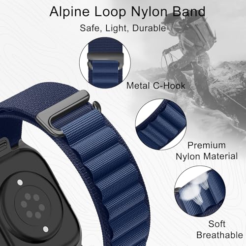 Alpine Loop Nylon Band - Compatible with Apple Watch Ultra 2/Ultra Bands 49mm 45mm 44mm for Men Women, Adjustable with Metal C Hook Strap for iWatch Ultra 2 iWatch Ultra Series 10 46mm SE/9/8/7/6/5 - color: Alpine/Midnight blue Black