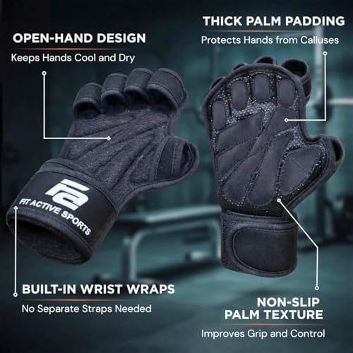 Fit Active Sports New Ventilated Weight Lifting Workout Gloves with Built-in Wrist Wraps for Men and Women - Great for Gym Fitness, Cross Training, Hand Support & Weightlifting. - size: Medium
