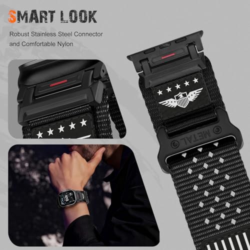 Rugged Nylon Band for Apple Watch Ultra 3/2/1 Series 11 10 9 8 7 6 5 4 SE/3/2/1 for Men,Breathable Stars-Stripes Flag Wristband Workout Athletic Strap for iWatch Ultra Bands 49mm 46mm 45mm 44mm 42mm - color: 01-Black-Black White Flag-Metal adapter, size:
