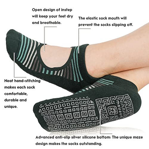 unenow Non Slip Grip Yoga Socks for Women with Cushion for Pilates, Barre, Home - color: Three Pairs Stripes-dark Green/Grey/Green