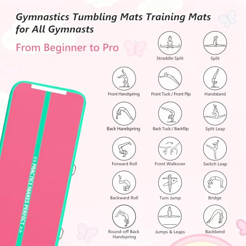 VOFiTNY All Purpose Gymnastics Mat 6.6/10/13/16/20 ft Sturdy Inflatable Tumble Track for Home/Gym - color: Pink/Green, size: 16ft*3.3ft*4inches(5m*1m*0.1m)