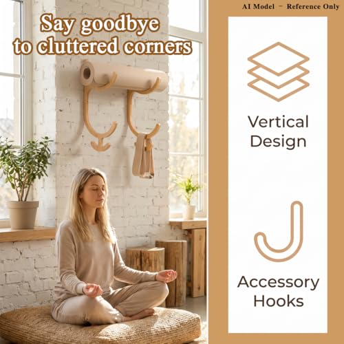 Wooden Yoga Mat Holder Wall Mount with 4 Hooks | Yoga Mat Storage Rack for Home Gym, Resistance Band and Jump Rope Organizer for Foam Roller, Fitness Equipment Storage