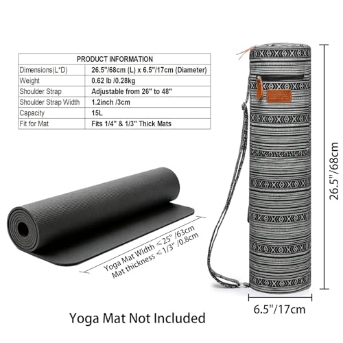 Yoga Mat Bag for Women & Men, Full-Zip Canvas Pilates Bag with Pockets | Lightweight Yoga Mat Carrier with Adjustable Shoulder Strap, Fits 1/4 & 1/3 Inch Thick Mats, for Studio Gym Travel Workout - color: Black and White