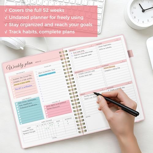 Oucaru Undated Weekly Planner, 8.5"x11", A4 Size To Do List Notebook with Goal & Habit Tracker Organizer, 52 Weekly Planner Notebook with Spiral Binding for Office Home School Supplies - size: A4-Pink, style: Weekly Planner
