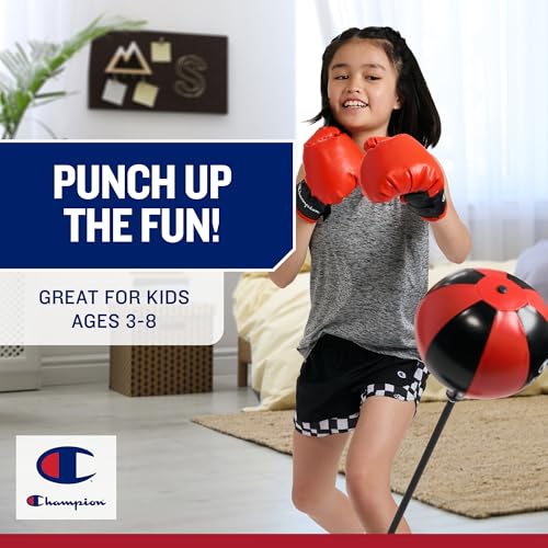 Champion Kids Punching Bag Set for Ages 3-10 – Adjustable 30"–43" Stand, Spring-Rebound Boxing Bag, PU Foam Gloves & Fillable Base – Indoor & Outdoor Youth Boxing Set