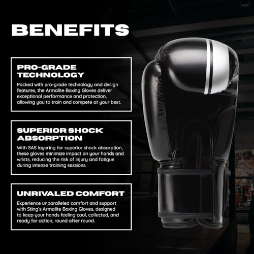 STING Armalite Boxing Gloves, Durable Boxing Equipment for Boxing Training, Balanced Weight Distribution | SLV3 Outer Skin, SAS Layering, Hi Flow Core Padding, Comfortline 3D Liner - color: Black/Silver, size: 12 Oz