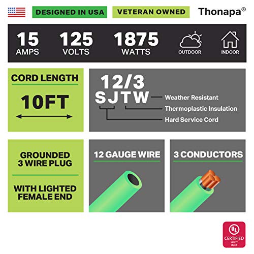 Thonapa 12 Gauge Extension Cord 10 Ft Outdoor - 12/3 Heavy Duty, 3 Prong | SJTW Neon Green Cable, Lighted End, Grounded Plug, For Job Sites, Garden & Major Appliances - color: Neon Green, size: 10 Foot
