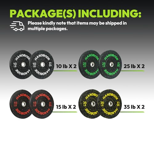 HANDBODE 2-Inch Weight Plates High Bounce, Olympic Bumper Plate Set 45/100/160/190/260/300lb, Colored Weight Plates Set for Home Gym, Barbell Weights Rubber Strength Training Plate for Weight Lifting - size: 170 lb Set (Pair of 10, 15, 25, 35 lb), style: