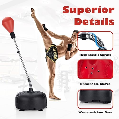 Goplus Punching Bag with Stand for Adults, Freestanding Reflex Speed Bags with 55’’-62.5’’ Adjustable Height, Boxing Equipment with Gloves for Home Gym Workout MMA Training, Fitness - color: Red+Black
