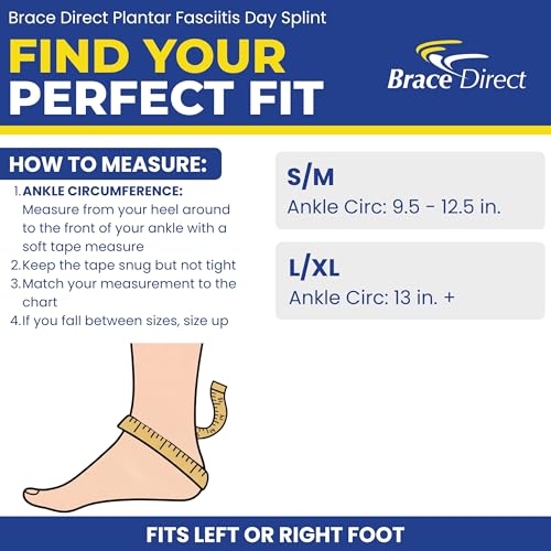 Brace Direct Plantar Fasciitis Day Splint for All-Day Relief - Walking Strap for Fascia Stretching, Arch and Heel Support for Flat Feet, Heel Spurs, and Foot Pain S/M - Fits Ankle Circ 9.5-12.5 - size: S-M