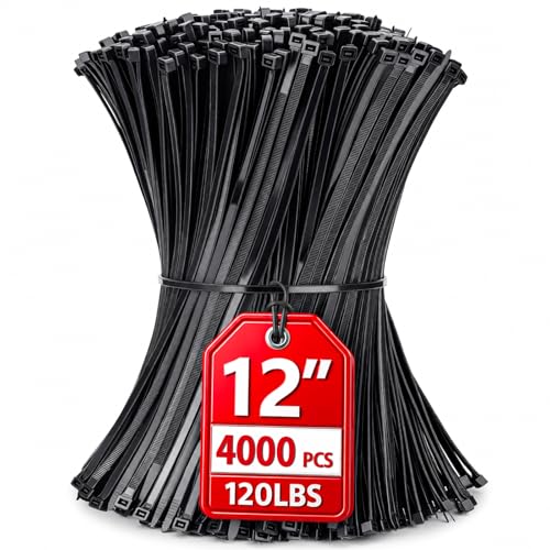 Zip Ties 12 inch, 4000 Pack Heavy Duty Black Zip Ties with 120 lbs Tensile Strength, Self-Locking Nylon Cable Ties,Wire Ties for indoor and outdoor use. - color: Black, size: 12"(4000 Pack) 120 Lb