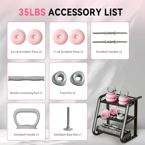 Adjustable Dumbbell Set 13LB/18LB/22LB/35LB, 4-in-1 Soft Shell Weight Set with Connector, Converts to Barbell & Kettlebell, Strength Training Equipment for Home Gym, Ideal for Women & Beginners - color: Pink-35 LB