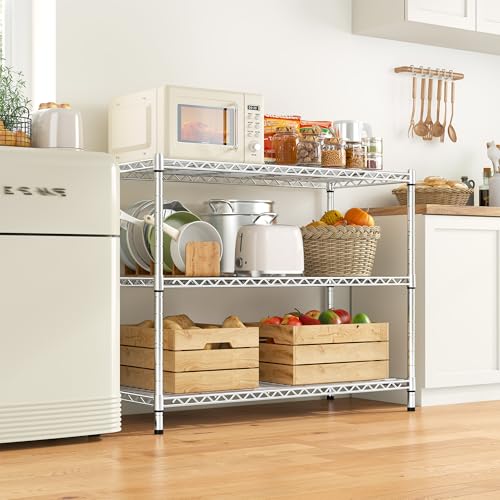 3- Shelf Metal Shelving Unit 35.6Wx14Dx36H,Adjustable Storage Shelves Heavy Duty Garage Steel Shelving for Office,Wire Rack Small Shelf for Kitchen Shelves Laundry Bathroom Pantry Closet,Chrome - size: Chrome-35.6"Wx14"Dx36"H