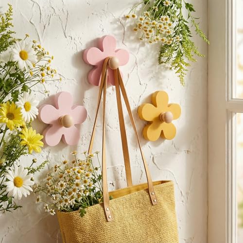 AceOrbit Pcs Daisy Wall Hooks Wood Flower Towel Hooks Cute Flower Decorative Wall Mount Hangers for Bathroom Kitchen Bedroom Home Entryway Decor (3,Yellow, Pink, Purple) - color: Yellow, Pink, Purple