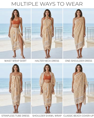 Beach Cover Ups for Women, Cotton Sarong Wrap Pareo | 100% Cotton Sarong Wraps For Women, 73 x 44 In. Pareo Beach Wrap, Bikini Cover Up, Bathing Suit Cover Up, Resort Wear - color: California Gold