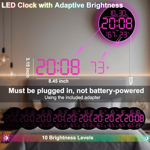 QINFIEY 10 Inch LED Wall Clock with RGB Ambient Light, Auto-Dimming, RGB Color/Time/Date/Temp/Humidity Display, Dual Alarms & Timer, Adjustment Brightness,Digital Round Clock for Bedroom Classroom - color: Rgb, size: 10 inch