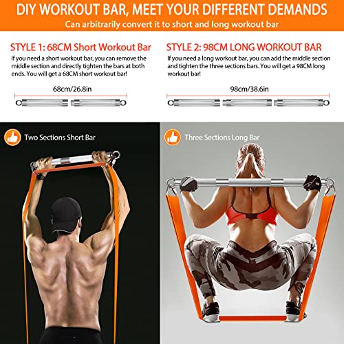 DASKING Detachable Resistance Bands Bar 30"/35.4"/38.5" Length Max Load 500LBS for Home Gym Full Body Workout Fitness Bar - style: Total Length:98cm/38.5"