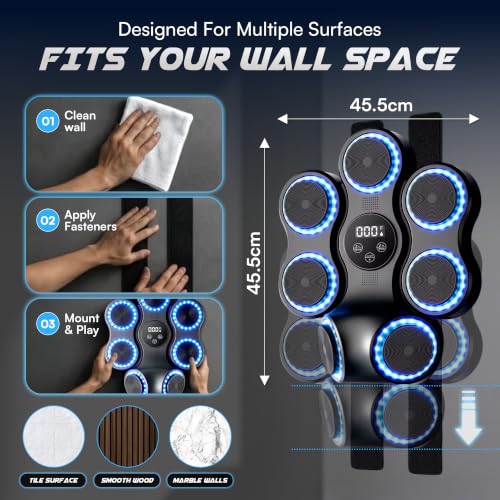 Music Boxing Machine with Gloves, Wall Mounted Punching Trainer with LED Light Up Targets, Bluetooth Rhythm Reaction Training Pad, 11 Modes & 9 Speeds for Adults & Kids Home Fitness & Stress Relief