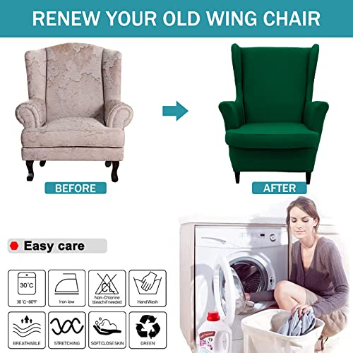 NILUOH Wingback Chair Cover 2-Piece Soft Stretch Wing Chair Slipcover Solid Color Armchair Sofa Couch Cover Furniture Protector with Elastic Bottom for Living Room Bedroom (Dark Green) - color: Dark Green