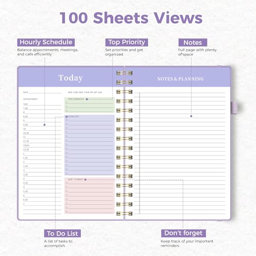 Oucaru Undated Daily Planner, A5 Spiral Notebook with Hourly Schedule, To Do List, Priorities, and Notes for Productivity - Easily Organize Your Tasks, Appointments & Goals for Women - size: A5-Purple, style: Daily Planner