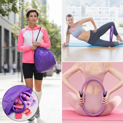 Pilates Essentials Kit for Women, 14 Pcs Home Workout Equipment with Pilates Circle Ball Ring Set Resistance Bands and Anti Slip Sock, Yoga Pilate Essentials Accessories - color: Purple