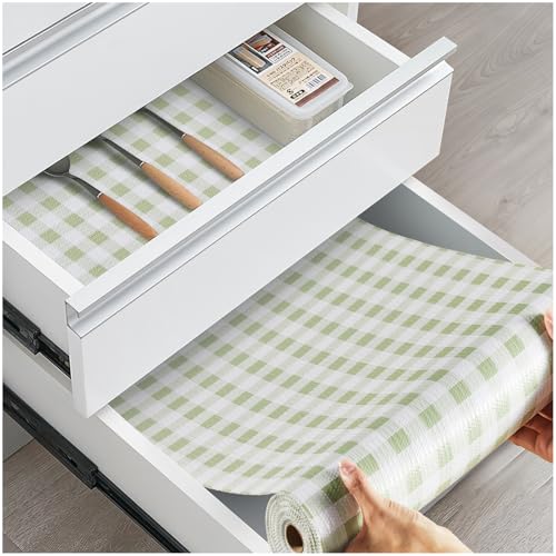 Drawer and Shelf Liner, Non-Slip Kitchen Cabinet Liners Non-Adhesive Thick Strong Grip Waterproof Washable Mats Protect Dresser Shelves Cupboard Bathroom Cabinets, Sage Green, 12 in X 10 FT - color: Sage Green Plaid, size: 11.8"W x 118"L