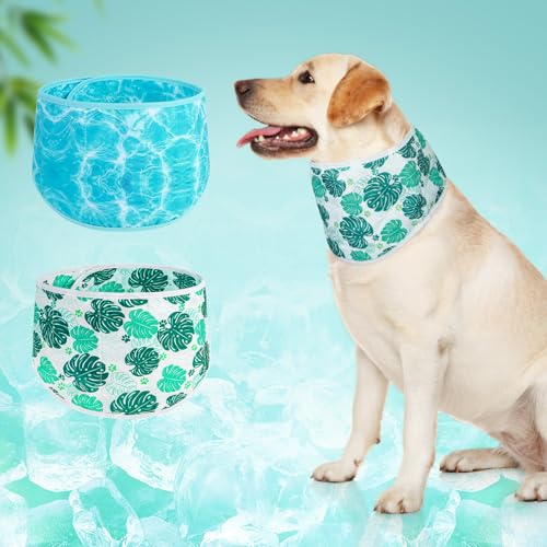 BEAUTYZOO Dog Cooling Bandana for Medium Large Dogs, 2 Pack Instant Cooling Bandanas Breathable Cooling Ice Towel Neck Wraps, Pattern Pet Scarf Keep Dogs Cool in Hot Summer,Leaf M - color: Leaf + Ripple Green, size: Medium(Neck Girth:13-19in)
