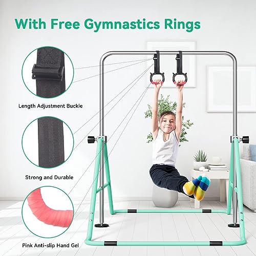 FBSPORT Gymnastics Bar for Kids Adjustable Height Gymnastic Horizontal Bar | Adjustable height, Supports up to 140 lbs, Junior Training Bar Children Folding Training Monkey Bars for Home Using - color: Green