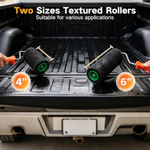 Truck Bed Liner Roller Kit, 8PCS Roll on Bed Liner Kit | Includes 6 and 4 Inch Texture Bedliner Rollers, Roller Frame, Extension Pole, Brush, Tray, for Textured Bed Liner Coating