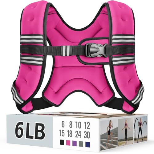 Zeerun Weighted Vest, 6lb/8lb/10lb/12lb/15lb/18lb/20lb/24lb/30lb for Men Women, Reflective Stripe Adjustable Buckle, Comfortable Durable Rucking Vest for Walking Running Strength Training - color: Pink, size: 6 Lb