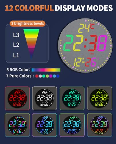 12" Large Digital Wall Mount Clock, Count Down Timer, Alarm, Big LED, 12 RGB Color, Temperature for Living Room Classroom Desk, Xmas, Birthday Gift for Senior Mom (Fabric Elements) - style: Black shell - Fabric Elements