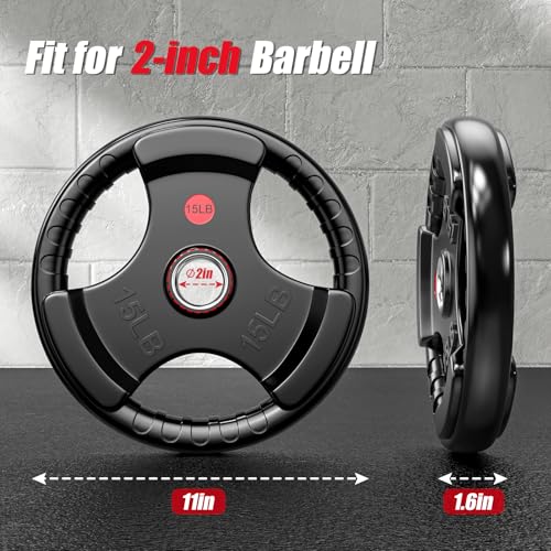 Gikpal Olympic Weight Plates, 2-Inch Three-Grip Rubber Coated Barbell Plates with Steel Hub, Cast Iron Weights for Strength Training & Home Gym, Pair or Sets (2.5–45LB) - style: 2 X 15LBS