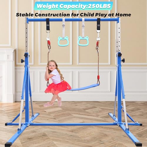 FC FUNCHEER Foldable Gymnastics Bar,5FT Horizontal bar,Adjustable Kids Training bar for Kids Ages 3-15,Kids Gymnastics bar,Triangle Stable Structure-Gym Equipment for Home - color: Blue, style: Bar-Swing-Rings