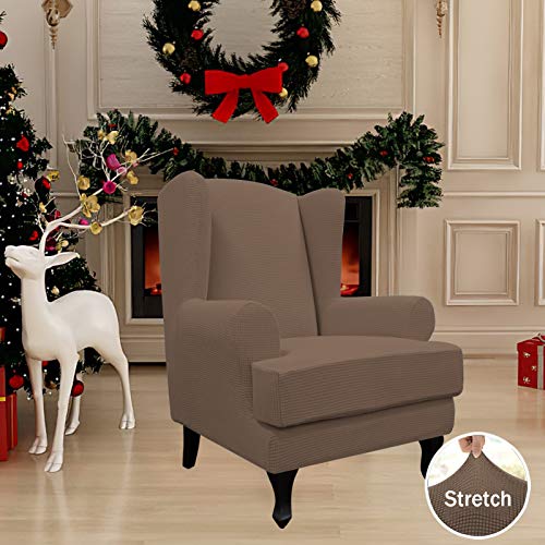 Easy-Going Stretch Wingback Chair Sofa Slipcover 2-Piece Sofa Cover Furniture Protector Couch Soft with Elastic Bottom, Spandex Jacquard Fabric Small Checks, Brown - color: Brown