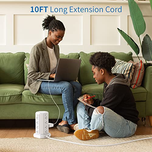 10 FT Extension Cord Power Strip Tower, 16 Widely Outlets 1875W 15A, Flat Plug Surge Protector with 4 USB Ports, Individual Switches, 1080 Joules, Overload Protection for Home Office Desktop, White - color: White, size: 10ft - 16 Outlets 4 USB