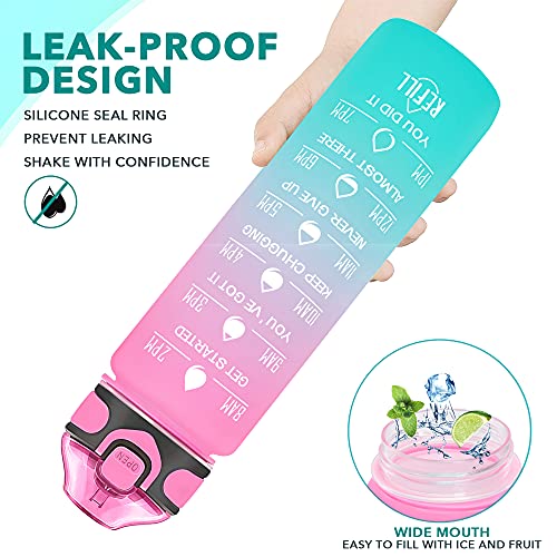 Enerbone 32 oz Drinking Water Bottle with Times to Drink and Straw, Motivational with Carrying Strap, Leakproof BPA & Toxic Free, Ensure You Drink Enough Water for Fitness Gym Outdoor - color: Pink-Green
