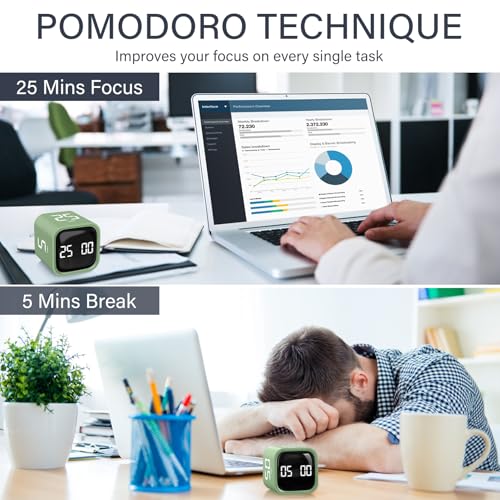 Rotating Pomodoro Timer 5, 25, 10 50 Minutes Preset, Desk Productivity Flip Timer, ADHD Tool Cube Countdown Stopwatch, Vibration/High/Low Volume/Custom Modes, for Work, Study, Back to School, Green - color: Green