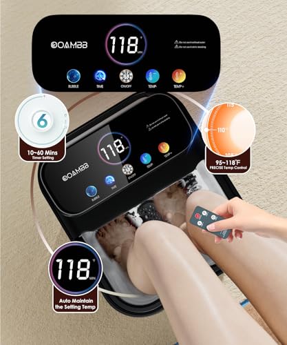 OOAMBB Collapsible Foot Spa with Heat, Bubble,Temp Control,Remote Control, Color Touch Screen Foot Bath Massager with 6 Massage Rollers,Foot Soaking Tub (Black) - color: Black