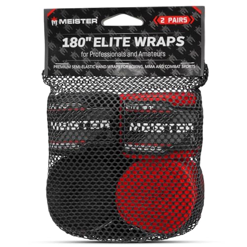 'Meister Elite 180'' Premium Adult Hand Wraps for MMA & Boxing - 2 Pair Pack w/Mesh Bag' | Premium double-woven elastic blend, maximum wrist support and knuckle protection for boxing, MMA and Muay Thai - color: Black & Blood Red