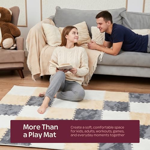 Puzzle Play Mat for Floor - 16 Snap-Together Interlocking Tiles (11.8 x 11.8 x 0.4 in Each, 47 x 47 in Total) for Kids Playroom & Home Floor Play, Edge Borders Included, White Tan Gray