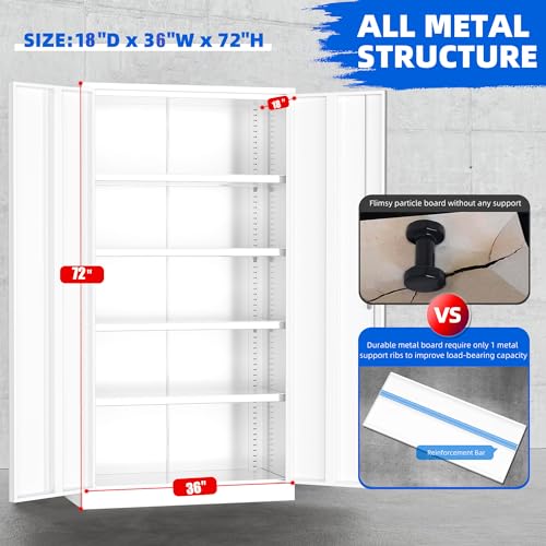 Superday Locking Metal Cabinet 72"×36"×18", Tall Storage Cabinet with 2 Doors and 4 Shelves, Large Metal Steel Utility Cabinets for Office File Bathroom Medicine Garage Pantry (White) - color: White, style: 72"