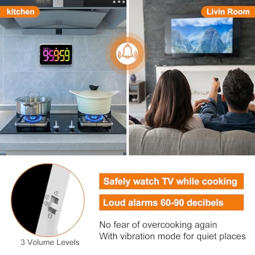 PERSUPER Kitchen Digital Timer, Count Down Up, Rechargeable, Vibration Mode Adjustable Volume and Brightness LED Display, Time Management Cook, Desk, Kids Adults Study Teaching, Kitchen Gadgets RGB - color: .Rgb