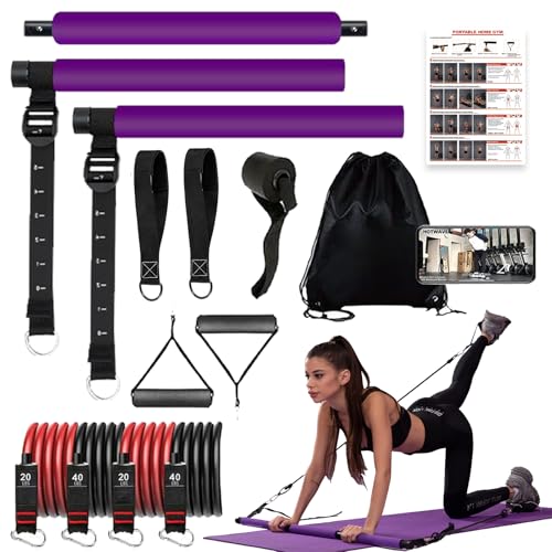 Pilates bar kit Multiple Fitness bar with Resistance Bands, Ab Rollers.Core Strength Training Equipment. Squat Machine for Men and Women.Portable Home Gym Pilates bar kit for Full Body Training Women - style: Basic purple