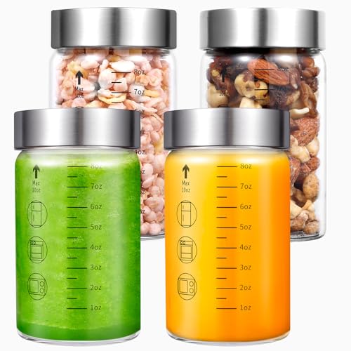 Glass Juice Bottles with Lids, 10 Oz Wide Mouth Glass Water Bottles, for Juicing, Protein, Smoothie, Milk, BPA Free, Stainless Steel Lids, Shaker Bottles (10 Oz / 4 Pack) - size: 10 Oz--4 Pack