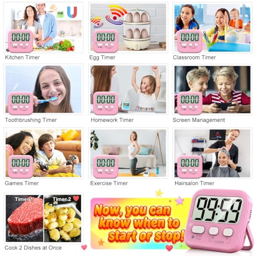 Antonki 2 Pack Digital Timer for Kids, Magnetic Countdown Kitchen Timers for Cooking, Egg, Classroom, Teacher, Exercise, Study, Oven - Battery Included - color: Relaxing Pink